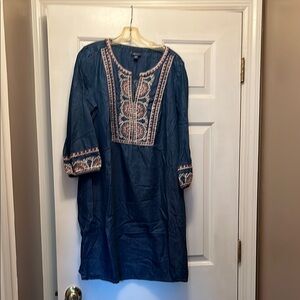 J. Jill Blue Embellished Dress with Bishop Sleeves and Mandarin Collar. Size L